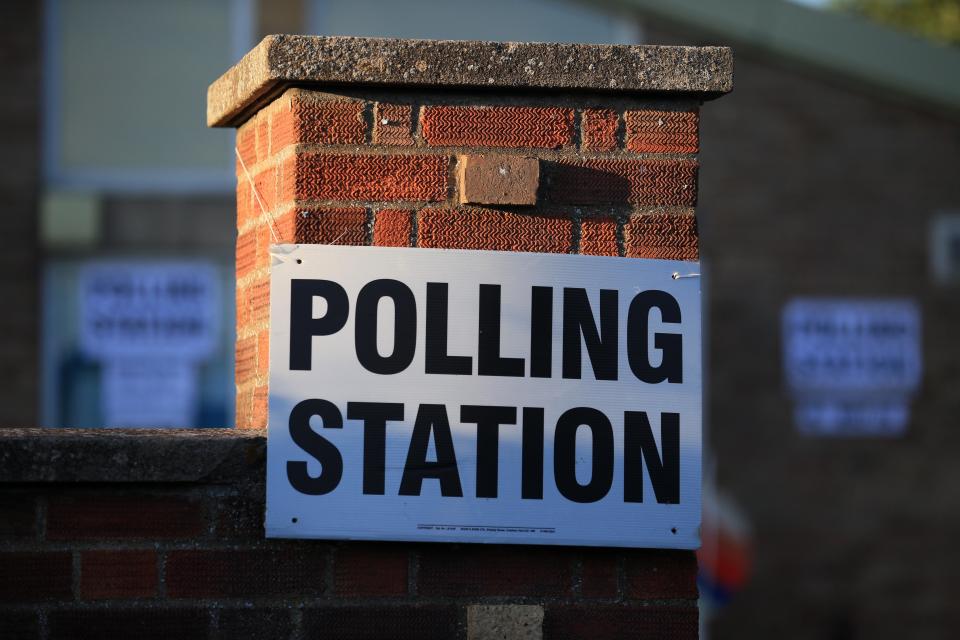 A sign is seen at The Christ the Carpenter church Hall polling station in Peterborough, England on June 6, 2019. - A local by-election was triggered when Peterborough's former MP Fiona Onasanya was sacked by her constituents in the first successful re-call petition prompting a by-election. (Photo by Lindsey Parnaby / AFP)        (Photo credit should read LINDSEY PARNABY/AFP via Getty Images)