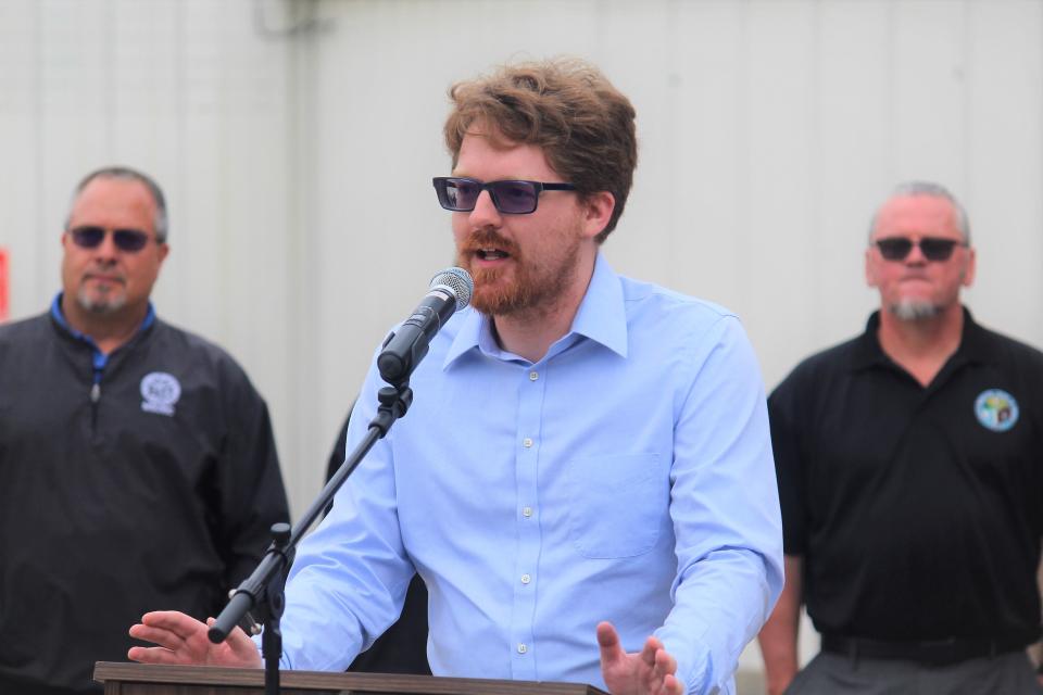Michigan District 38 Rep. Joey Andrews (D-St. Joseph) speaks at Palisades Nuclear Power Plant on Monday, June 26, 2023.