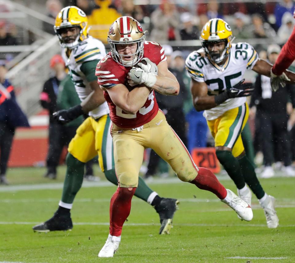 San Francisco 49ers running back Christian McCaffrey crosses the goal line for the decisive touchdown late in the fourth quarter against the Green Bay Packers during their NFC divisional playoff football game at Levi's Stadium, Jan. 20, 2024 in Santa Clara, Calif.