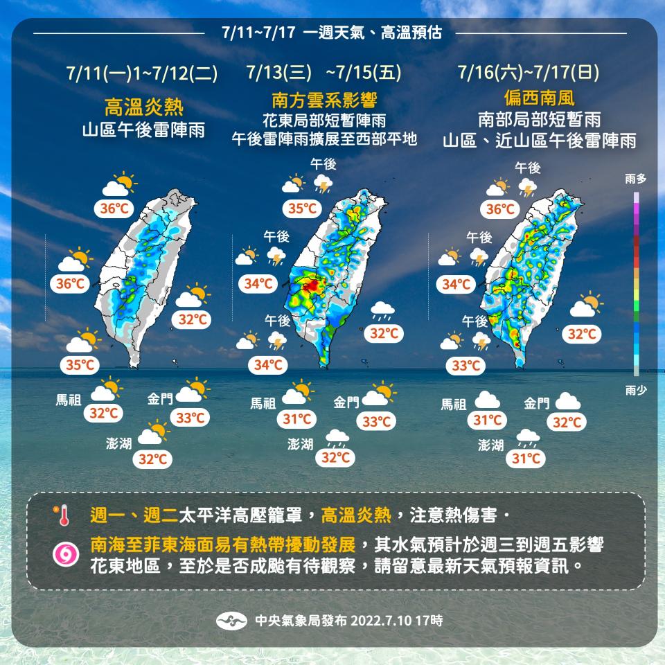 未來一周台灣天氣的變化。（圖／翻攝自臉書報天氣 - 中央氣象局）