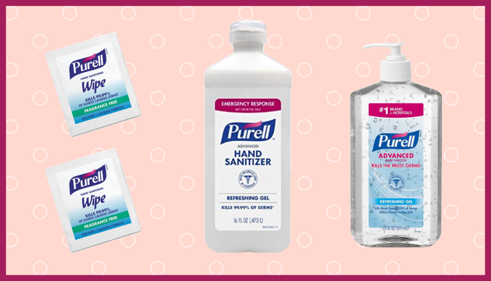 Purell hand sanitizer bottle and Purell hand sanitizing wipes. (Photo: Amazon)