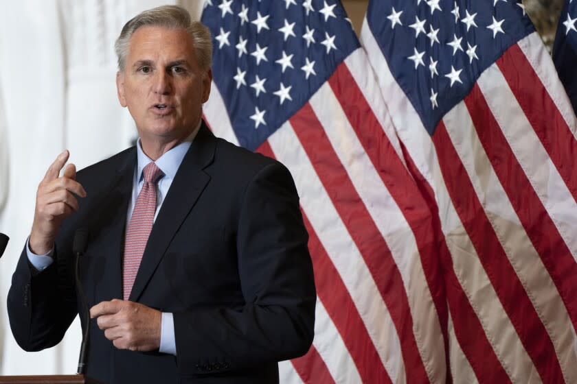 House Minority Leader Kevin McCarthy, R-Calif., speaks near a statue of civil rights leader and trailblazing educator Mary McLeod Bethune, during a ceremony in honor of Bethune in Statuary Hall, Wednesday, July 13, 2022, at the U.S. Capitol in Washington. Bethune on Wednesday became the first Black person elevated by a state for recognition in the Capitol's Statuary Hall. (AP Photo/Jacquelyn Martin)