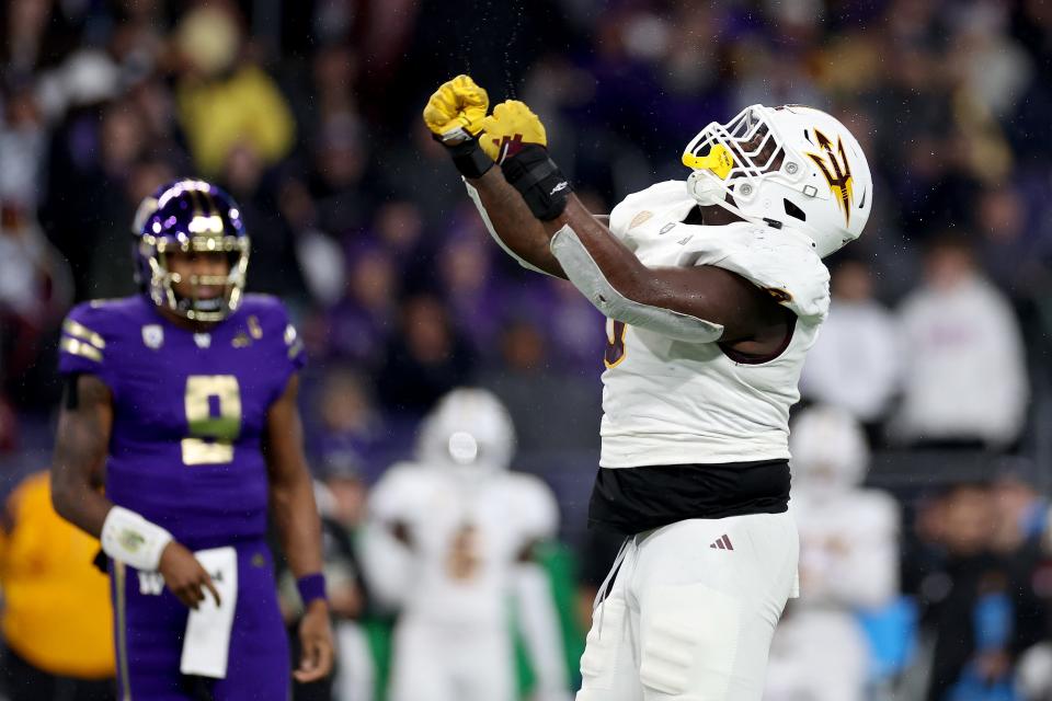 SEATTLE, WASHINGTON - OCTOBER 21: Jordyn Tyson #0 of the Arizona State Sun Devils celebrates a stop against the Washington Huskies during the first quarter at Husky Stadium on October 21, 2023 in Seattle, Washington. (Photo by Steph Chambers/Getty Images)