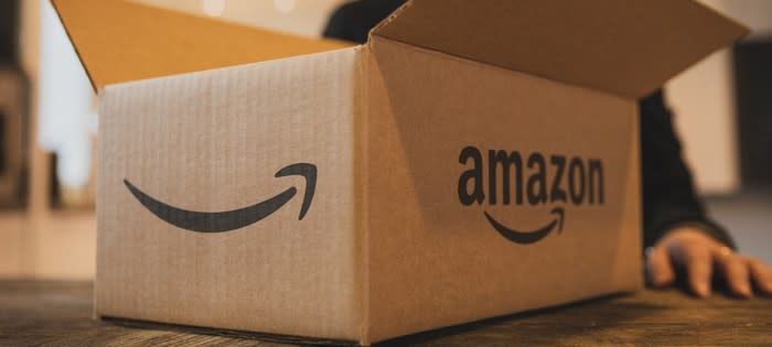 Close-up of a box with an Amazon logo on it.