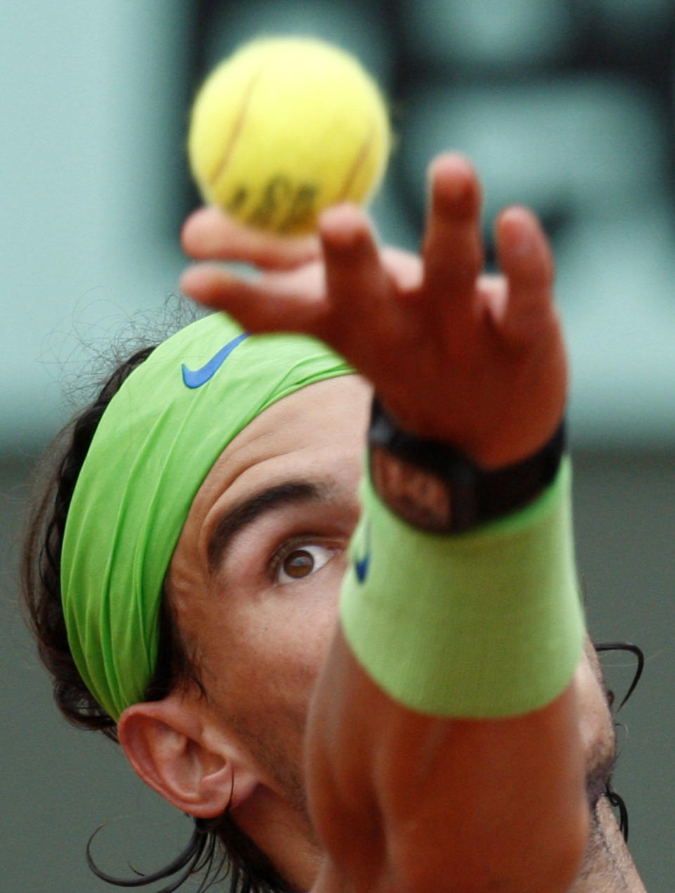 FILE - Spain's Rafael Nadal serves the ball to Sweden's Robin Soderling during the men's final match of the French Open tennis tournament at the Roland Garros stadium in Paris, Sunday, June 6, 2010. (AP Photo/Michel Euler, File)