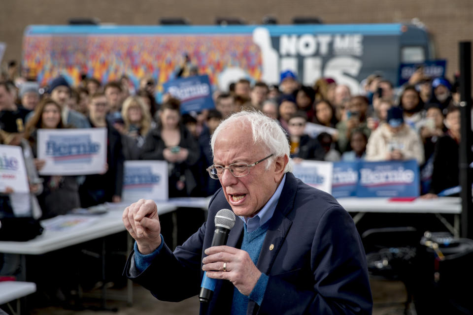 Democratic presidential candidate Sen. Bernie Sanders, I-Vt., speaks at a campaign stop at the Bernie 2020 Cedar Rapids Field Office, Sunday, Feb. 2, 2020, in Cedar Rapids, Iowa. (AP Photo/Andrew Harnik)