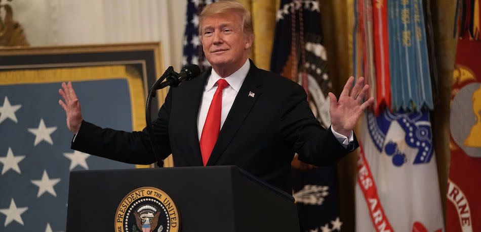 U.S. President Donald Trump delivers remarks during a Congressional Medal of Honor Society reception at the East Room of the White House September 12, 2018 in Washington, DC. President hosted a reception to honor Medal of Honor recipients.