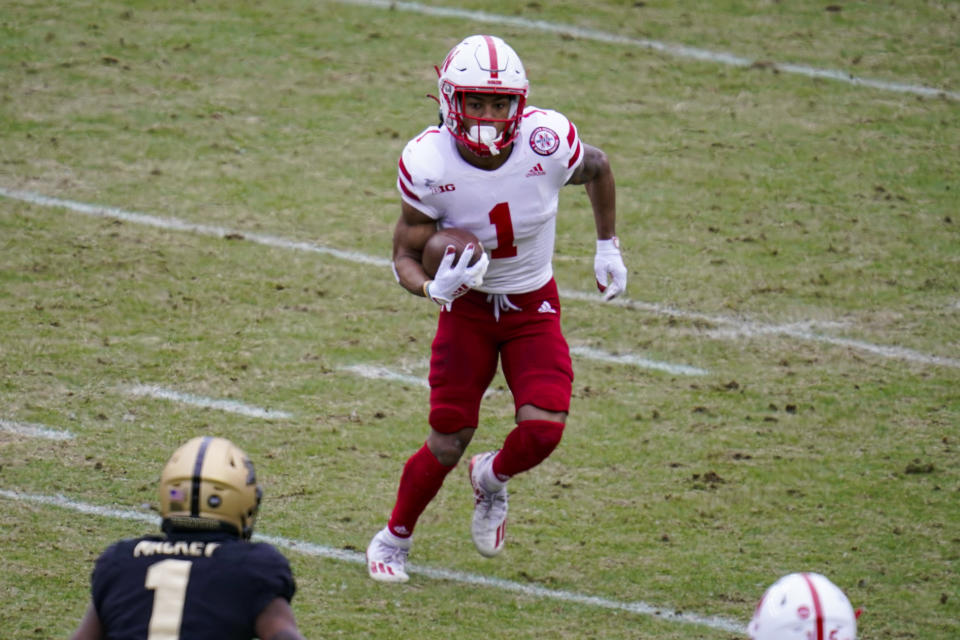 Nebraska wide receiver Wan'Dale Robinson (1) runs against Purdue during the second quarter of an NCAA college football game in West Lafayette, Ind., Saturday, Dec. 5, 2020. (AP Photo/Michael Conroy)