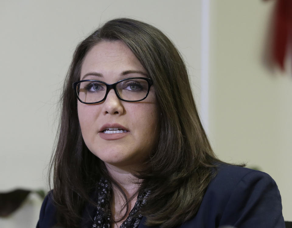 FILE - Lobbyist Pamela Lopez makes a public allegation of lewd behavior by Assemblyman Matt Dababneh, D-Encino, during a news conference Monday, Dec. 4, 2017, in Sacramento, Calif. California lawmakers voted Thursday, April 20, 2023, to advance legislation combating retaliatory lawsuits against sexual assault survivors, years after a former state lawmaker sued a woman over her sexual misconduct allegations against him. (AP Photo/Rich Pedroncelli, File)