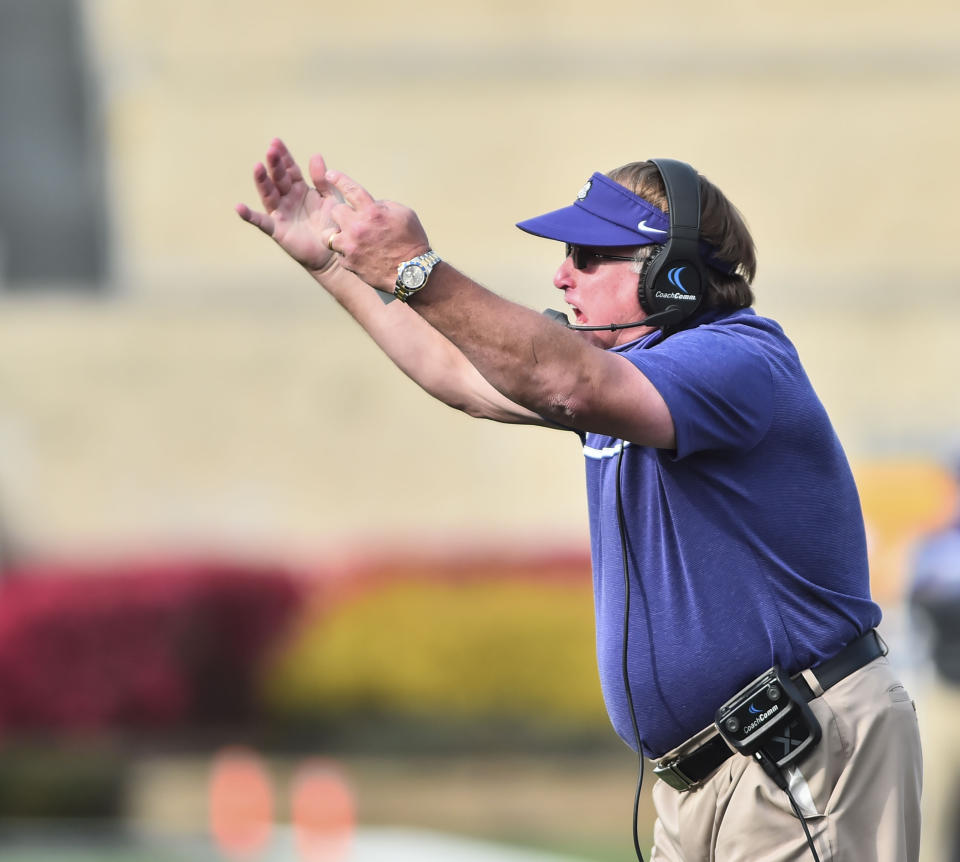 TCU head coach Gary Patterson reacts to a play against West Virginia during the second half of an NCAA college football game on Saturday, Nov. 14, 2020, in Morgantown, W.Va. (William Wotring/The Dominion-Post via AP)