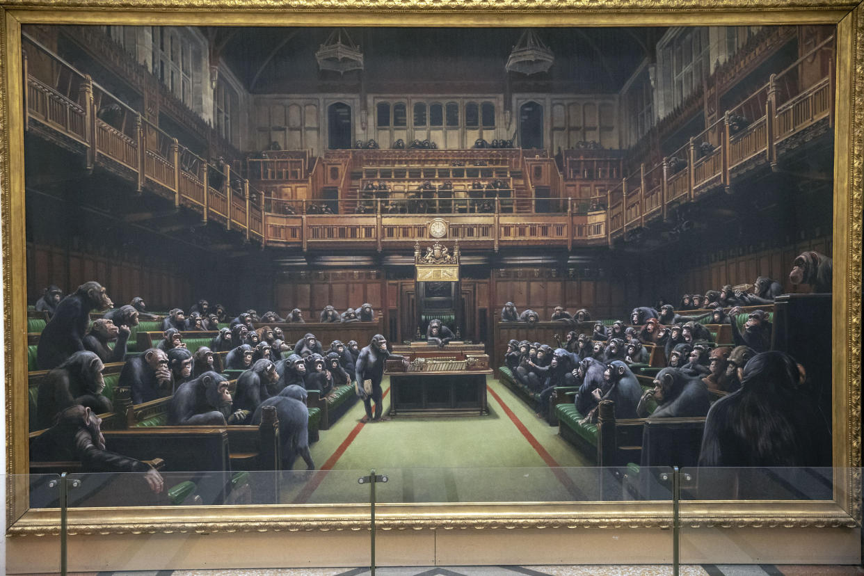 The painting 'Devolved Parliament' by the graffiti artist Banksy, which is going up for auction, could become the most expensive Banksy piece ever sold. (PA)