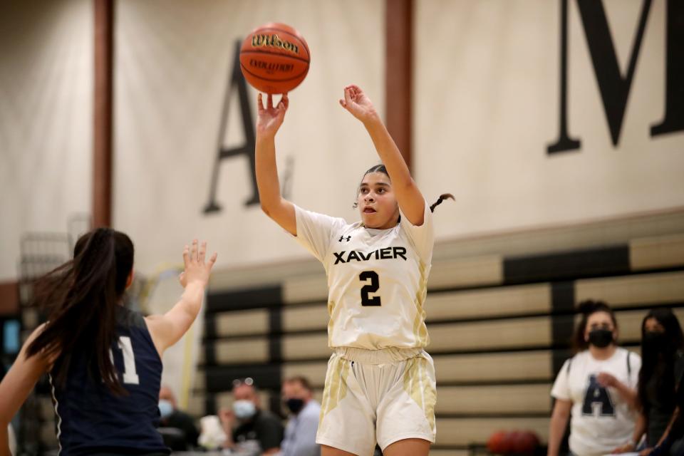 Genna Wienecke of Xavier Prep shoots the ball against Aquinas in Palm Desert, Calif., on March 30, 2021.