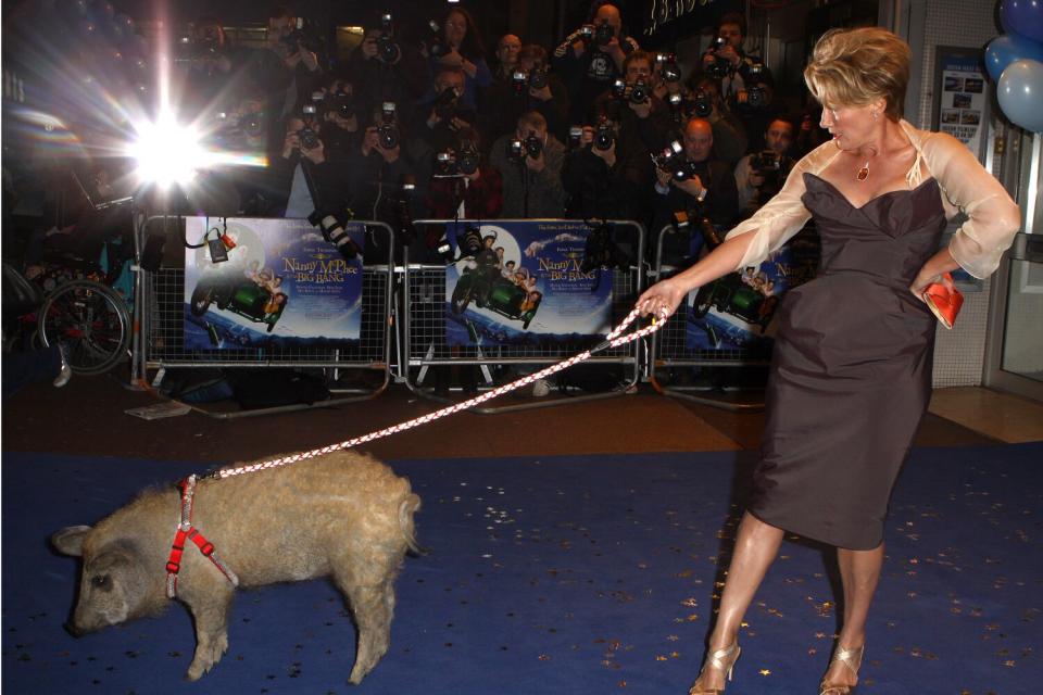 A woman in a column dress holds the leash of a pig.