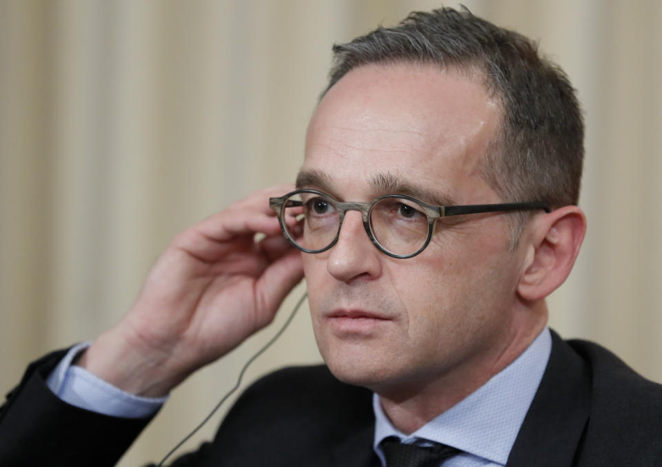Germany's Foreign Minister Heiko Maas attends a joint news conference after his talks with Russian Foreign Minister Sergey Lavrov in Moscow, Russia, Friday, Jan. 18, 2019. Germany's foreign minister has urged Russia to save a key arms treaty with the U.S. to prevent a new arms race. (AP Photo)