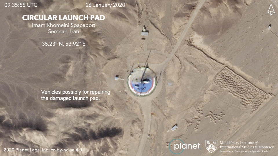 This Jan. 26, 2020, satellite image from Planet Labs Inc. that has been annotated by experts at the James Martin Center for Nonproliferation Studies at Middlebury Institute of International Studies shows preparations at a rocket launch pad at the Imam Khomeini Space Center in Iran's Semnan province. Iranian officials and satellite images suggest the Islamic Republic is preparing to a launch a satellite into space after three major failures last year, the latest for a program which the U.S. claims helps Tehran advance its ballistic missile program. (Planet Labs Inc, Middlebury Institute of International Studies via AP)