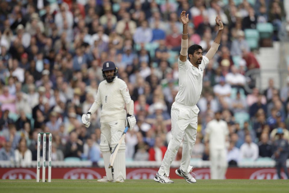 India's Jasprit Bumrah successfully appeals for the wicket of England's Adil Rashid, left, during the fifth cricket test match of a five match series between England and India at the Oval cricket ground in London, Saturday, Sept. 8, 2018. (AP Photo/Matt Dunham)