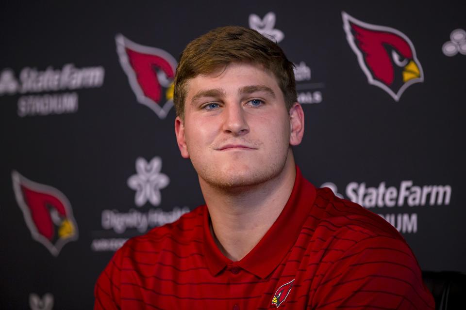 Cameron Thomas sits during a press conference held at the Dignity Health Arizona Cardinals Training Center in Tempe on May 12, 2022.