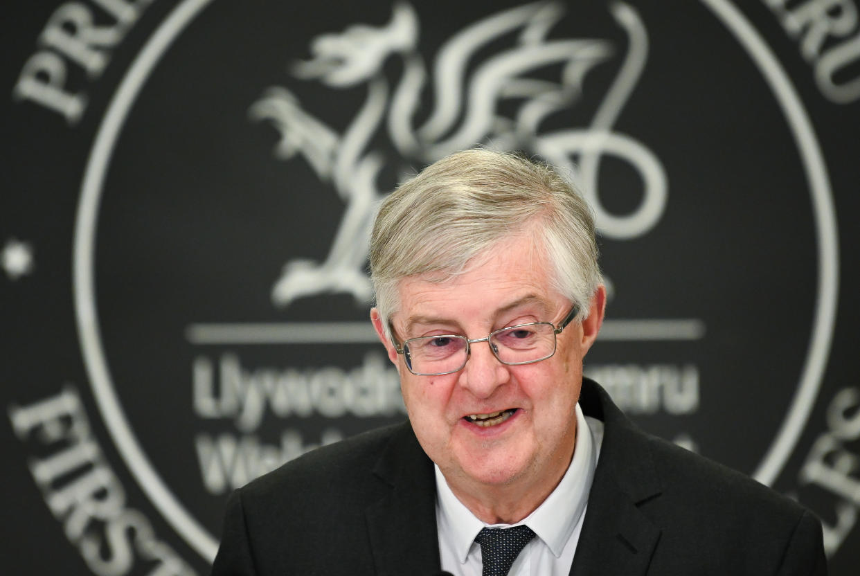 CARDIFF, WALES - MAY 14: First Minister of Wales, Mark Drakeford, speaks during a press conference at the Welsh Government building in Cathays Park on May 14, 2021 in Cardiff, Wales. Wales will move to alert level two on Monday with indoor hospitality and entertainment venues allowed to reopen. International travel will resume with safeguards in place for people returning from some countries. (Photo by Matthew Horwood/Getty Images)