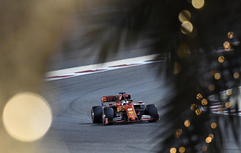 Ferrari driver Sebastian Vettel of Germany steers his car during the qualifying session at the Formula One Bahrain International Circuit in Sakhir, Bahrain, Saturday, March 30, 2019. The Bahrain Formula One Grand Prix will take place on Sunday. (AP Photo/Hassan Ammar)