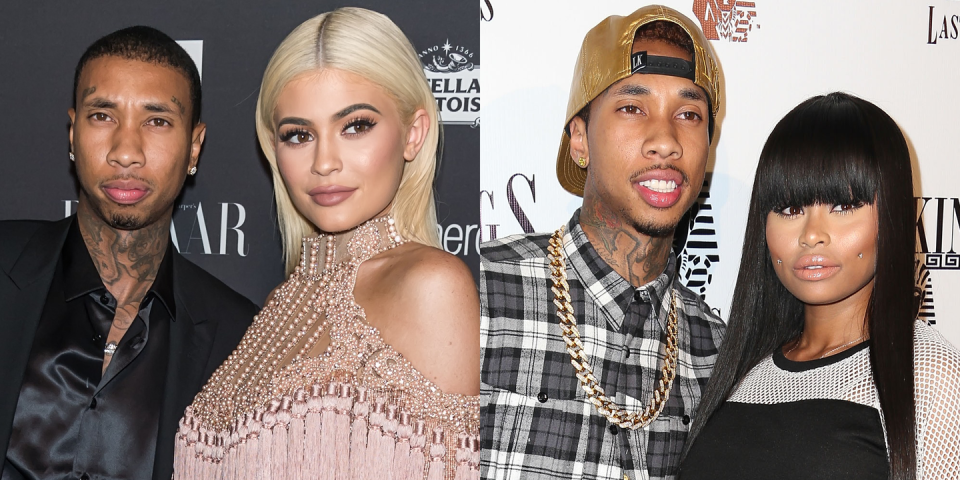 <p>Tyga and Blac Chyna started dating back in 2011 after she starred in his music video for “Rack City.” The couple later moved in together and, in 2012, Chyna <a href="https://twitter.com/Tyga/status/258324184667660288" rel="nofollow noopener" target="_blank" data-ylk="slk:gave birth;elm:context_link;itc:0;sec:content-canvas" class="link ">gave birth</a> to their son, King Cairo. Soon after, <a href="http://www.tmz.com/2014/08/12/tyga-blac-chyna-broken-up-split/#ixzz3AIfET1vR" rel="nofollow noopener" target="_blank" data-ylk="slk:TMZ reported;elm:context_link;itc:0;sec:content-canvas" class="link "><em>TMZ</em> reported</a> that the couple was engaged, and that lasted until 2014 when the couple split up. </p><p>In 2015, shortly after Kylie Jenner turned 18 years old, the couple announced that they were dating. While they were together, marriage rumors swirled, but the couple eventually broke up in April 2017. "There was absolutely not one thing wrong with me and T. He and I will always, always have a bond," Jenner <a href="https://people.com/tv/kylie-jenner-opens-up-tyga-split/" rel="nofollow noopener" target="_blank" data-ylk="slk:said on an episode;elm:context_link;itc:0;sec:content-canvas" class="link ">said on an episode</a> of <em>Life with Kylie</em>. </p>