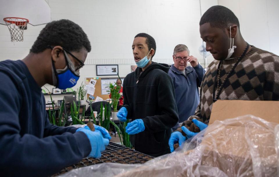 Malcolm Loving, left, Derik Thomas, middle, and Kevin Thomas begin seeding as their teacher Michael Craig looks on from behind during an early morning class inside the Charles R. Drew Transition Center in Detroit on Tuesday, April 18, 2023.