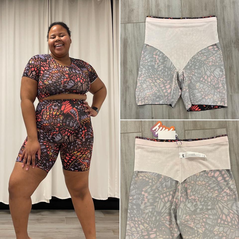 <p>"The <span>Mesh Me Smoothing High Waist Shorts</span> ($65) have two light-beige smoothing panels: one at the front of the shorts that mirrors a high-waist brief (pictured on the top right), and one at the top half of the back of the shorts (pictured on the bottom right). The panels truly felt smoothing, not compressive which made this short so comfortable to wear. The Mesh Me Smoothing High Waist Short also has a silicone band around the waist but no silicone around the thighs, so my thighs never felt chopped in half. Best of all, when I bend over, you can't see my butt through the print." - AW</p>