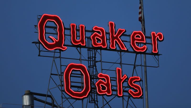 The Quaker Oats sign is seen in Cedar Rapids, Iowa in 2021. Quaker Oats on Dec. 15, 2023, recalled several of its granola products, including granola bars and cereals, saying the foods could be contaminated with salmonella.
