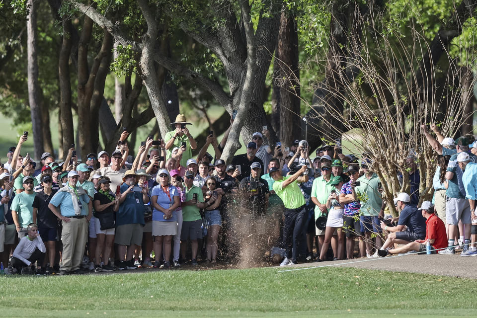 Jordan Spieth hits from the rough on the 16th hole during the second round of the Valspar Championship golf tournament Friday, March 17, 2023, at Innisbrook in Palm Harbor, Fla. (AP Photo/Mike Carlson)