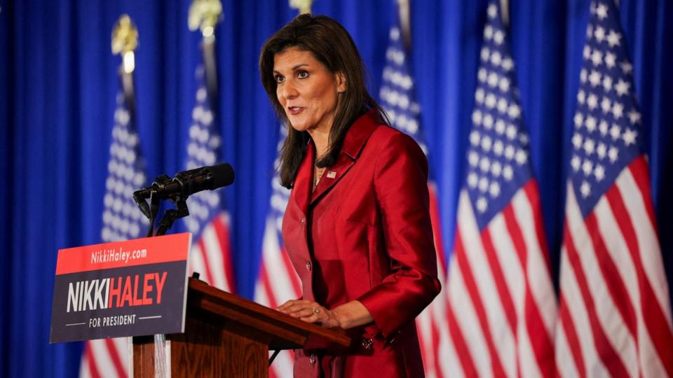 PHOTO: Republican presidential candidate and former U.S. Ambassador to the United Nations Nikki Haley speaks on stage at her watch party during the South Carolina Republican presidential primary election in Charleston, South Carolina, Feb. 24, 2024.   (Brian Snyder/Reuters)