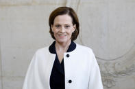 Sigourney Weaver poses before Dior Haute Couture Spring/Summer 2020 fashion collection, Monday Jan.20, 2020 in Paris (AP Photo/Christophe Ena)