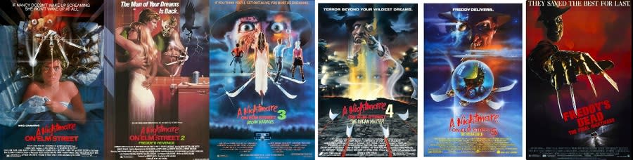 Poster art for the first six A Nightmare on Elm Street films. 