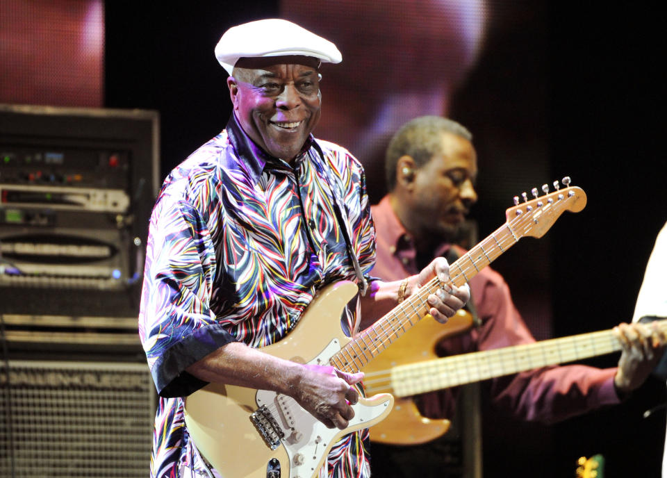 FILE - This April 12, 2013 file photo shows blues guitarist Buddy Guy performing at Eric Clapton's Crossroads Guitar Festival 2013 in New York. The Musicians Hall of Fame inducted 12 new members, Tuesday, Jan. 28, 2014, across the genres, including bluesman Buddy Guy, British rock guitarist Peter Frampton and pedal steel player and country singer Barbara Mandrell. (Photo by Evan Agostini/Invision/AP, File)