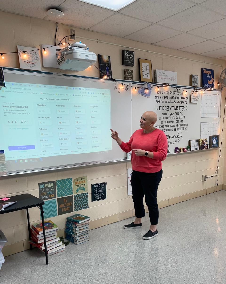 Teacher McKenna Reitz of Holland, Ohio, demonstrates Quizlet Live for her advanced placement psychology students.