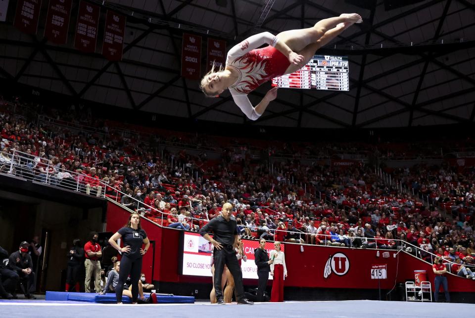 Utah’s Lucy Stanhope warms up as the Utah Red Rocks compete against Minnesota in a gymnastics meet at the Huntsman Center in Salt Lake City on Friday, March 4, 2022. | Mengshin Lin, Deseret News