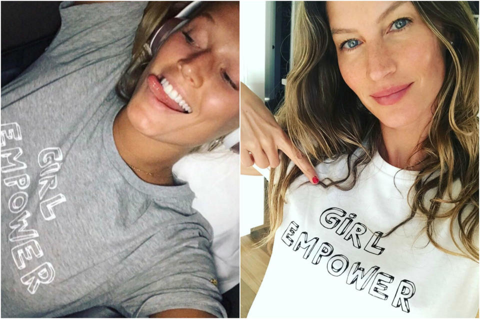 <p>Bella Freud diseñó una camiseta feminista en 2017, cuyos beneficios fueron para la fundación de Toni Garrn (es la modelo de la izquierda). En ella podemos leer dos palabras: ‘Girl Empower’ (Empoderamiento femenino). (Foto: Instagram / <a rel="nofollow noopener" href="https://www.instagram.com/p/BbbRlMODl9G/" target="_blank" data-ylk="slk:@tonigarrn;elm:context_link;itc:0;sec:content-canvas" class="link ">@tonigarrn</a>). </p>