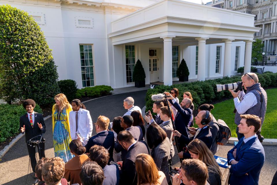 From left, Tennessee state lawmakers Rep. Justin Pearson, D-Memphis, Rep. Gloria Johnson, D-Knoxville, and Rep. Justin Jones, D-Nashville, speak to reporters outside the West Wing after meeting with President Joe Biden and Vice President Kamala Harris in the Oval Office of the White House in Washington, Monday, April 24, 2023. (AP Photo/Andrew Harnik)