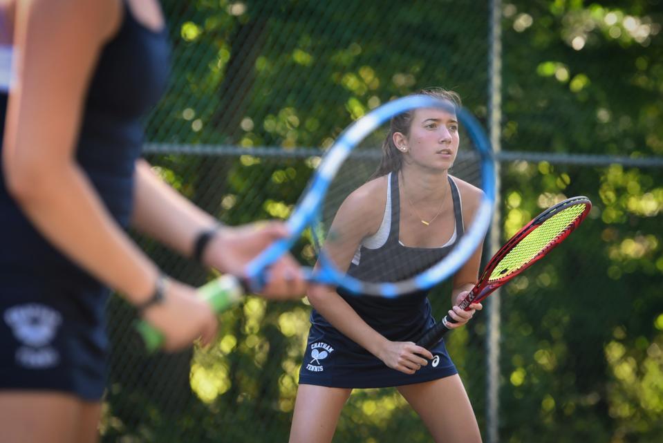 Sophia Paparo of Chatham prepares to receive a ball in the 1st doubles during the Morris County Tournament girls tennis final at County College of Morris in Randolph on 09/26/21. 