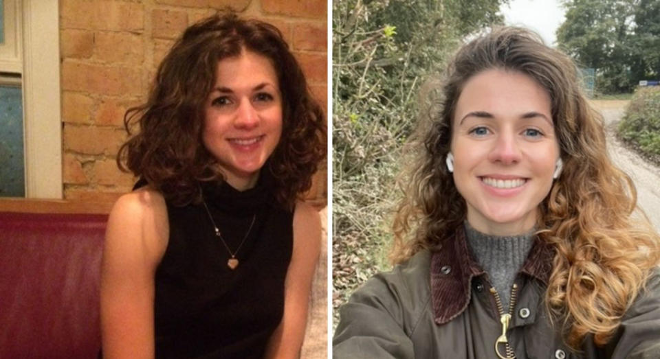 Zosia Krajewska, 29, pictured in 2016, during her final relapse (left) and feeling well, home in Oxford more recently (right). (Supplied)