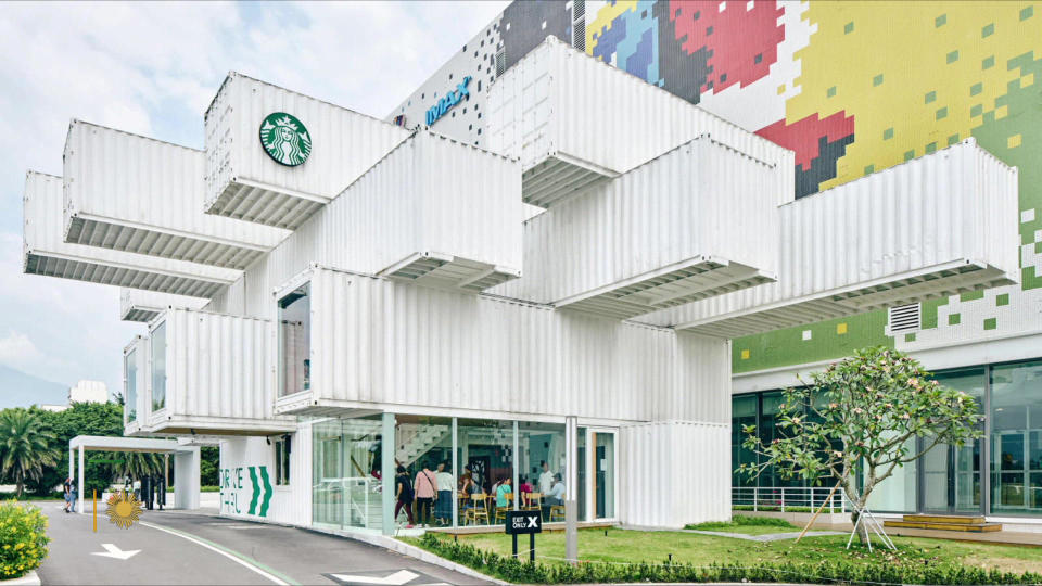 Starbucks opened a drive-through in Taiwan built from recycled shipping containers.  / Credit: Starbucks