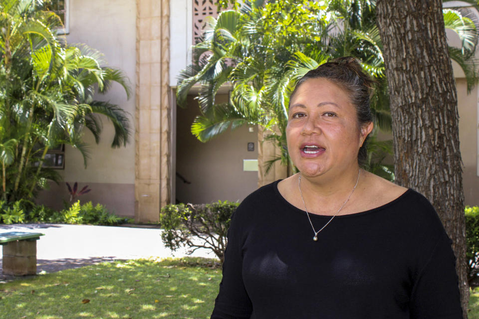 Healani Sonoda-Pale discusses her opposition to plans for another surf park in Hawaii in Honolulu on Monday, May 8, 2023. She says artificial wave pools are a waste of water and pointless in Hawaii, the birthplace of surfing, where a good break is often just minutes away. She and others have filed a lawsuit alleging the project will damage nearshore seaweed and desecrate ancient Hawaiian remains. (AP Photo/Jennifer Sinco Kelleher)