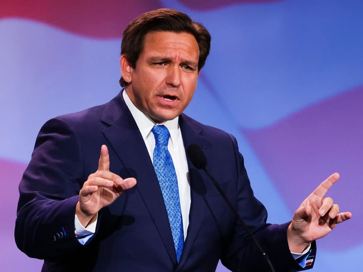 Florida Governor Ron DeSantis speaks at the Republican Jewish Coalition Annual Leadership Meeting in Las Vegas, Nevada, on November 19, 2022 (AFP via Getty Images)