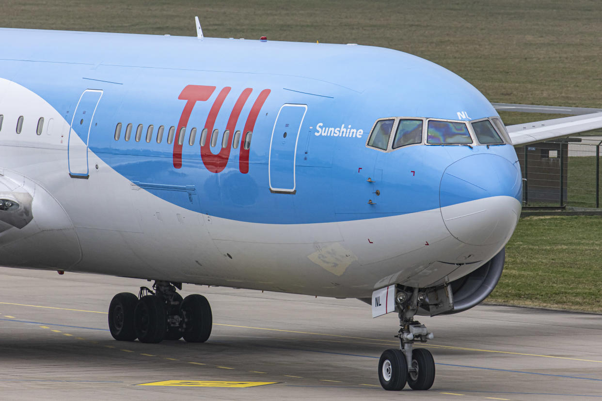 TUI Airlines Belgium Boeing 767-300ER aircraft as seen on final approach flying, landing on the runway and taxiing at Eindhoven Airport EIN performing a rare Dutch domestic route. The wide-body Boeing B767 passenger airplane arrives from Amsterdam Schiphol Airport and has as a destination a charter flight to Bardufoss in Norway with flight number OR9531. The jet plane has the registration OO-JNL and the name Sunshine. TUI fly former Jetairfly, ArkeFly, is a Belgian scheduled and charter airline, subsidiary of TUI Group, the German multinational travel and tourism company, largest leisure company in the world, and TUI airlines. The aviation industry and passenger traffic are phasing a difficult period with the Covid-19 coronavirus pandemic having a negative impact on the travel business industry with fears of the worsening situation due to the new Omicron variant mutation at the fifth wave. Eindhoven, the Netherlands on February 9, 2022 (Photo by Nicolas Economou/NurPhoto via Getty Images)