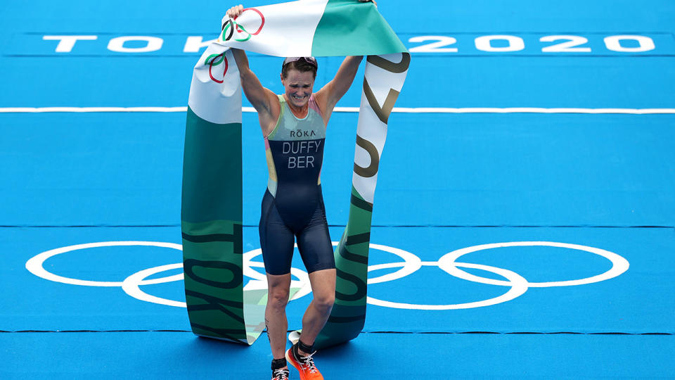 Flora Duffy, pictured here celebrating after winning gold in the women's triathlon.