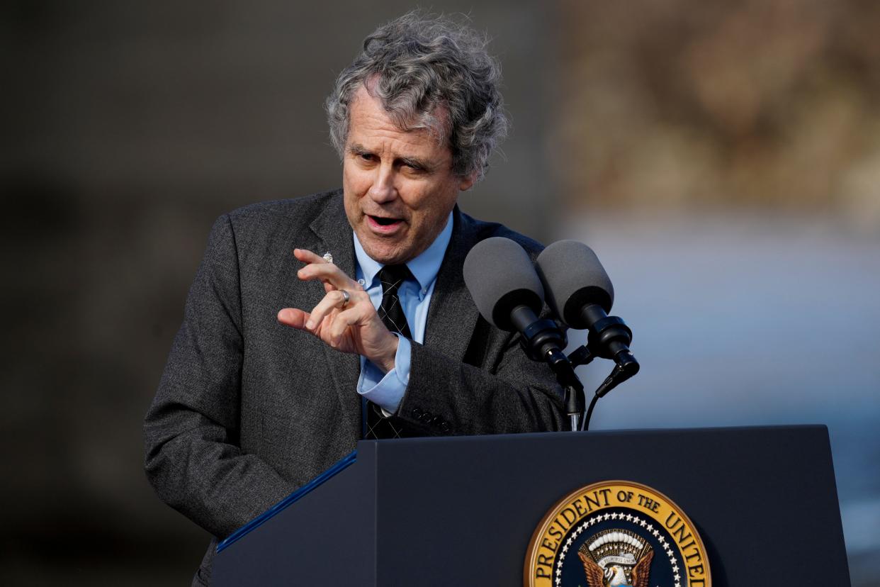 Ohio Senator Sherrod Brown speaks during an event to give remarks on the bipartisan infrastructure law which will fund major changes to the Brent Spence Bridge and surrounding infrastructure at a lot on the banks of the Ohio River in Covington, Ky., on Wednesday, Jan. 4, 2023.