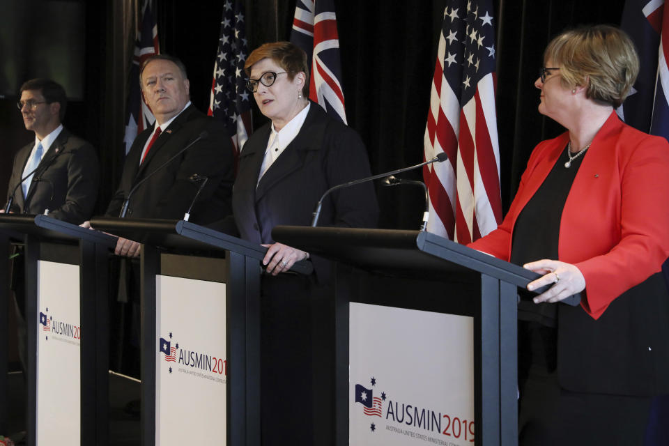 Australia's Foreign Minister Marise Payne, second from right, speaks during a joint news conference with U.S. Secretary of Defense Mark Esper, left, U.S. Secretary of State Mike Pompeo, second from left, and Australia's Defense Minister Linda Reynolds in Sydney, Australia, Sunday, Aug. 4, 2019. (Jonathan Ernst/Pool Photo via AP)