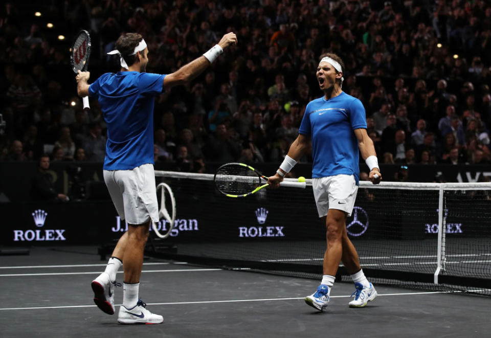 Rafael Nadal and Roger Federer on September 23, 2017 in Prague, Czech Republic. (Getty Images)