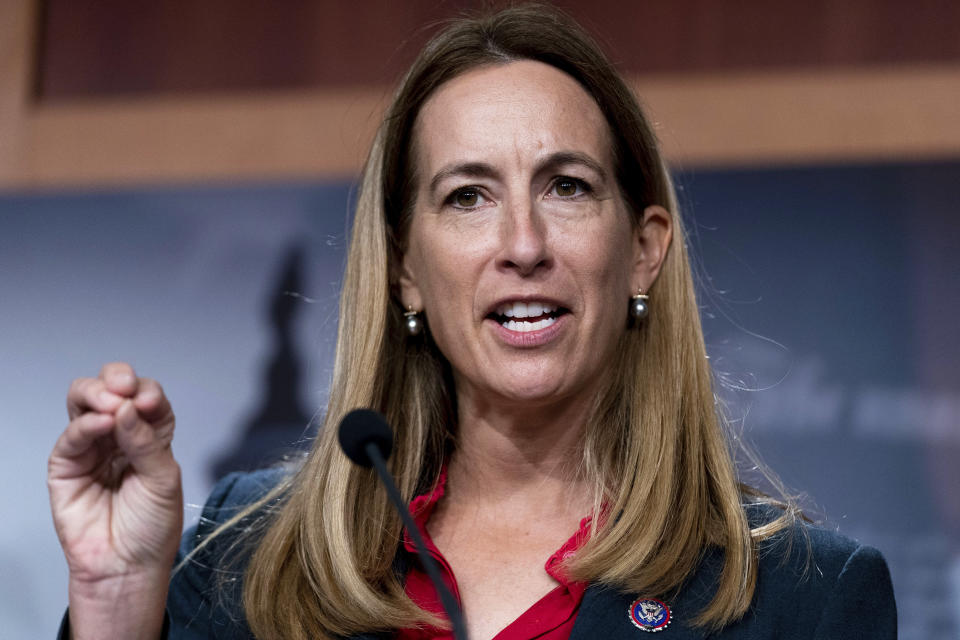 FILE - Incumbent candidate for New Jersey's 11th Congressional District, U.S. Rep. Mikie Sherrill, D-N.J., speaks during a news conference on Capitol Hill in Washington, Tuesday, Sept. 28, 2021. (AP Photo/Andrew Harnik, File)