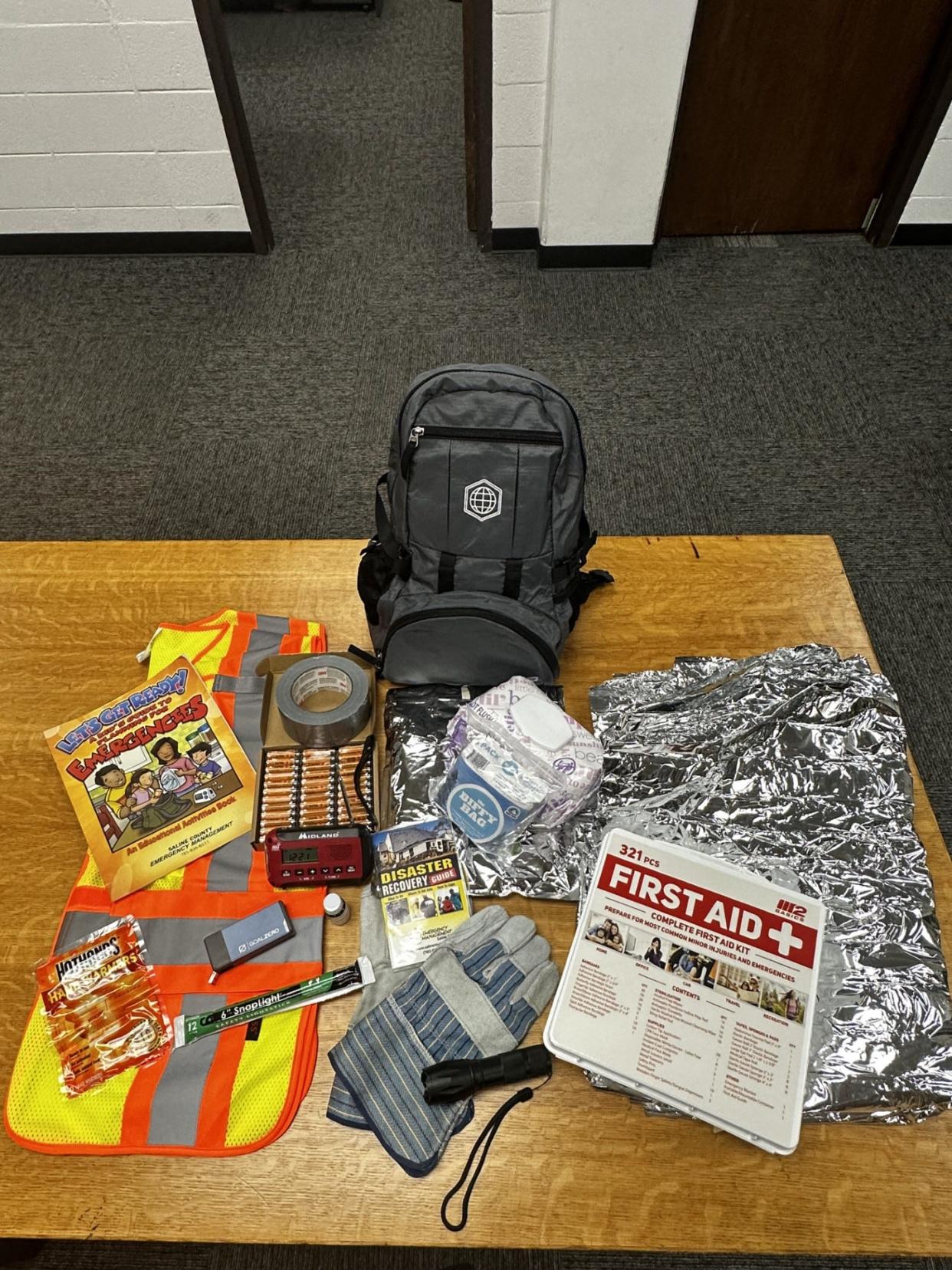 The Saline County Department of Emergency Management Disaster suggests residents keep disaster preparedness kits like the one shown here. Disaster kits should include items such as flashlights, portable charging stations, water purifying tablets, batteries and more.