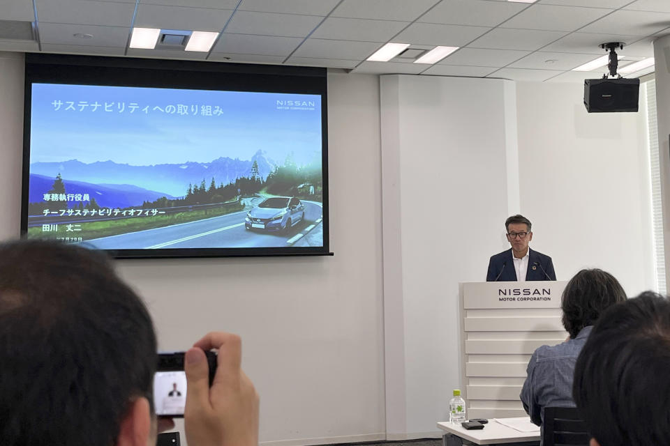 Nissan Chief Sustainability Officer Joji Tagawa speaks to the reporters at the automaker’s headquarters in Yokohama, Japan, Monday, July 29, 2024. (AP Photo/Yuri Kageyama)