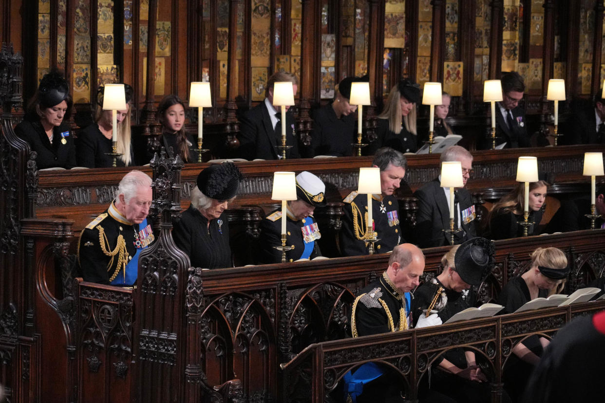 (front row, left to right) the Earl of Wessex, the Countess of Wessex, Lady Louise Windsor (middle row, left to right) King Charles III, the Queen Consort, the Princess Royal, Vice Admiral Sir Tim Laurence, the Duke of York, Princess Beatrice (back row, left to right) The Countess of St Andrews, Lady Davina Windsor, Senna Kowhai, Thomas Kingston, Lady Gabriella Kingston, Lady Rose Gilman, Lyla Gilman, George Gilman at the Committal Service for Queen Elizabeth II, held at St George's Chapel in Windsor Castle, Berkshire. Picture date: Monday September 19, 2022.